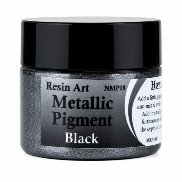 Black metallic pigment paste in a small jar with a black lid.