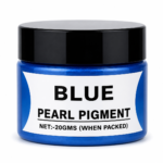 Blue Pearl Pigment in a jar with black lid, featuring a vibrant Pearl Blue mica pigment for resin art, epoxy crafts, jewellery and DIY projects.