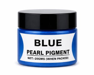 Blue Pearl Pigment in a jar with black lid, featuring a vibrant Pearl Blue mica pigment for resin art, epoxy crafts, jewellery and DIY projects.