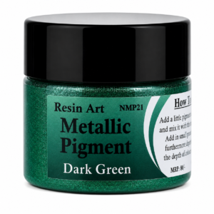 Dark Green metallic pigment paste in a small jar with a black lid, displayed on a white background for epoxy resin. projects.