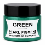 Green Pearl Pigment in a jar with black lid, featuring a vibrant pearl green mica pigment for resin art, epoxy crafts, jewellery and DIY projects.