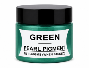 Green Pearl Pigment in a jar with black lid, featuring a vibrant pearl green mica pigment for resin art, epoxy crafts, jewellery and DIY projects.