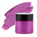 Hot pink metallic pigment paste jar with shimmer brush stroke background, ideal for epoxy resin art, jewellery making, coasters, geodes, and DIY craft projects.