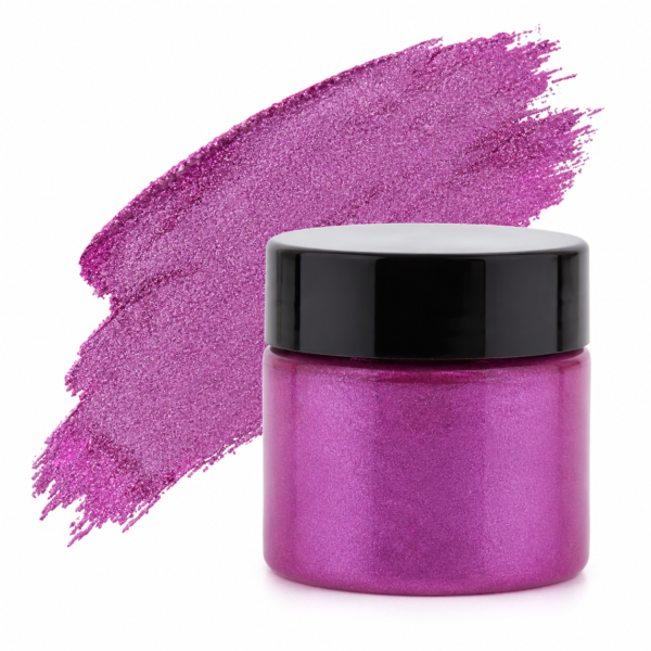 Hot pink metallic pigment paste jar with shimmer brush stroke background, ideal for epoxy resin art, jewellery making, coasters, geodes, and DIY craft projects.