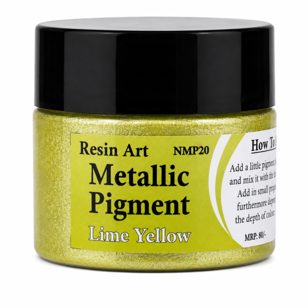 Lemon Yellow metallic pigment paste in a small jar with a black lid, displayed on a white background for epoxy resin projects.