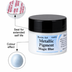 Magic Blue metallic pigment paste in a small jar with a black lid, displayed on a white background for epoxy resin projects.