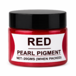 Red Pearl Pigment in jar with black lid, featuring a vibrant Pearl red mica pigment for resin art, epoxy crafts, jewellery making and DIY projects.