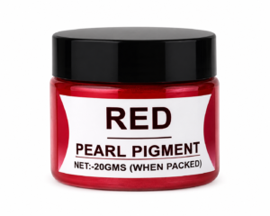Red Pearl Pigment in jar with black lid, featuring a vibrant Pearl red mica pigment for resin art, epoxy crafts, jewellery making and DIY projects.