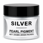 Silver Pearl Pigment in a jar with black lid, featuring a vibrant pearl silver mica pigment for resin art, epoxy crafts, jewellery and DIY projects.