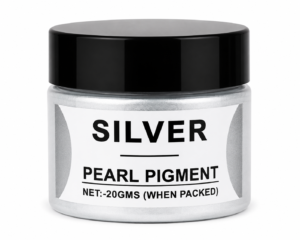 Silver Pearl Pigment in a jar with black lid, featuring a vibrant pearl silver mica pigment for resin art, epoxy crafts, jewellery and DIY projects.