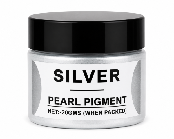 Silver Pearl Pigment in a jar with black lid, featuring a vibrant pearl silver mica pigment for resin art, epoxy crafts, jewellery and DIY projects.