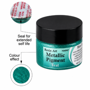 Teal metallic pigment paste in a small jar with a black lid, displayed on a white background for epoxy resin projects.