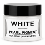 White Pearl Pigment in a jar with black lid, featuring a vibrant pearl white mica pigment for resin art, epoxy crafts, jewellery and DIY projects.