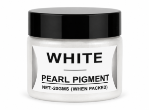 White Pearl Pigment in a jar with black lid, featuring a vibrant pearl white mica pigment for resin art, epoxy crafts, jewellery and DIY projects.