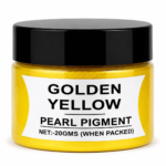 Yellow Pearl Pigment in a jar with black lid, featuring a vibrant Yellow mica pigment for resin art, epoxy crafts, jewellery and DIY project .