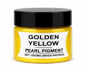 Yellow Pearl Pigment in a jar with black lid, featuring a vibrant Yellow mica pigment for resin art, epoxy crafts, jewellery and DIY project .