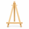 9 inch wooden tabletop display easel shown in front, side, and folded views on a white background, suitable for displaying mini canvases, photos, and craft projects.
