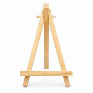 9 inch wooden tabletop display easel shown in front, side, and folded views on a white background, suitable for displaying mini canvases, photos, and craft projects.
