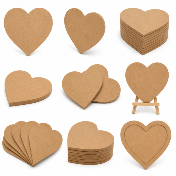 Heart MDF Craft boards with displayed suitable for painting, resin art, laser cutting, and DIY projects.