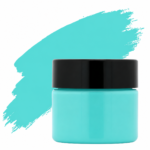 Aquamarine Blue pigment in a plastic jar with a black lid . suitable for resin art, epoxy crafts, and DIY projects.