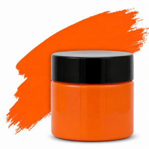 Bright Red Orange pigment in a plastic jar with a black lid . suitable for resin art, epoxy crafts, and DIY projects.