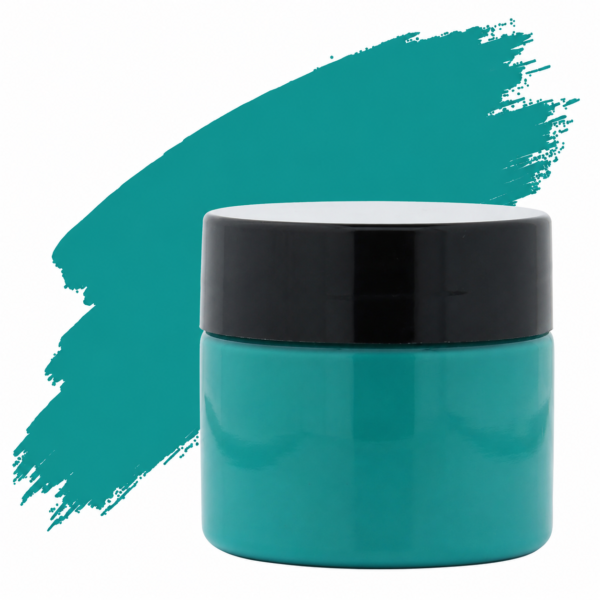 Emerald Green pigment in a plastic jar with a black lid . suitable for resin art, epoxy crafts, and DIY projects.