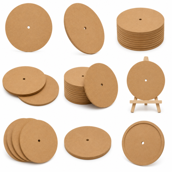 Round MDF with Center Hole Craft boards with displayed suitable for painting, resin art and DIY projects.