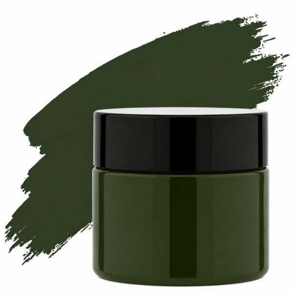 Olive Green pigment in a plastic jar with a black lid . suitable for resin art, epoxy crafts, and DIY projects.