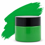 Parrot Green pigment in a plastic jar with a black lid . suitable for resin art, epoxy crafts, and DIY projects.