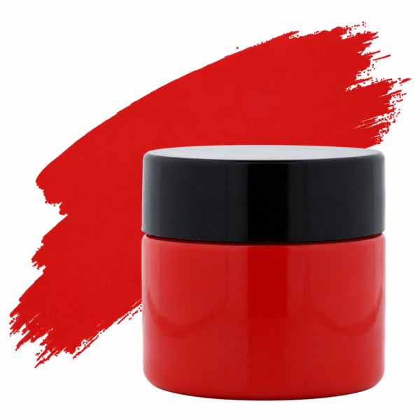 Signal Red pigment in a plastic jar with a black lid . suitable for resin art, epoxy crafts, and DIY projects.