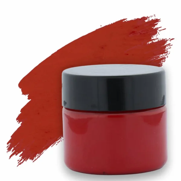 P.O. Red pearl pigment in a plastic jar with a black lid. Displayed with suitable for resin art epoxy crafts and DIY projects.